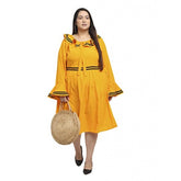 Yellow crepe fit and flare dress with full sleeves, women's formal attire